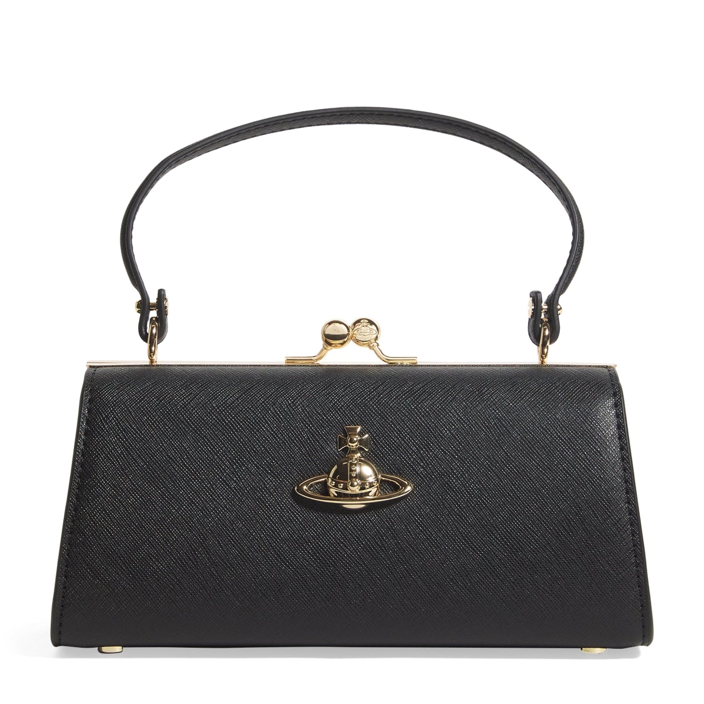 Leather Black Kiss Lock Top Handle Crossbody Handbag Gold Orb
