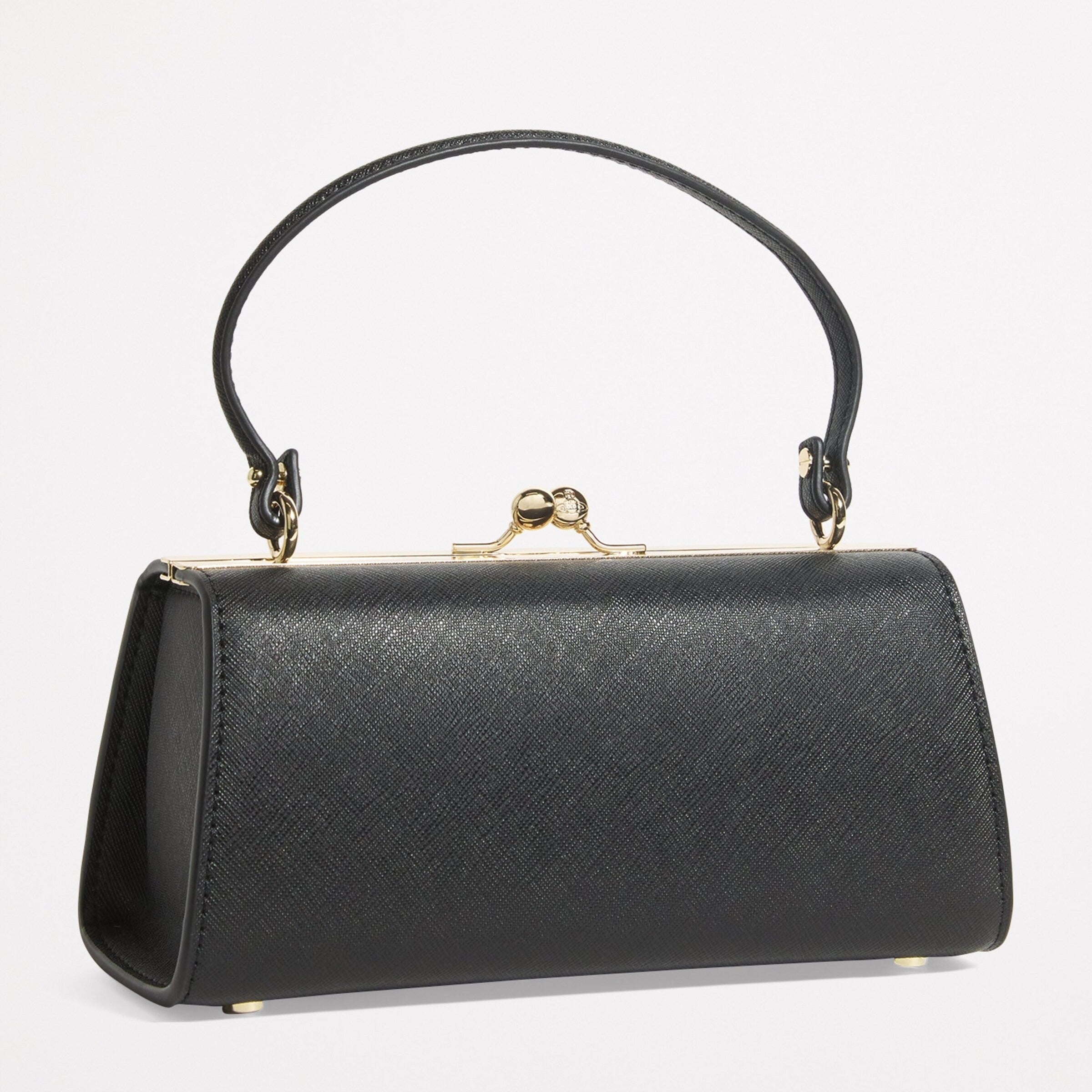 Leather Black Kiss Lock Top Handle Crossbody Handbag Gold Orb