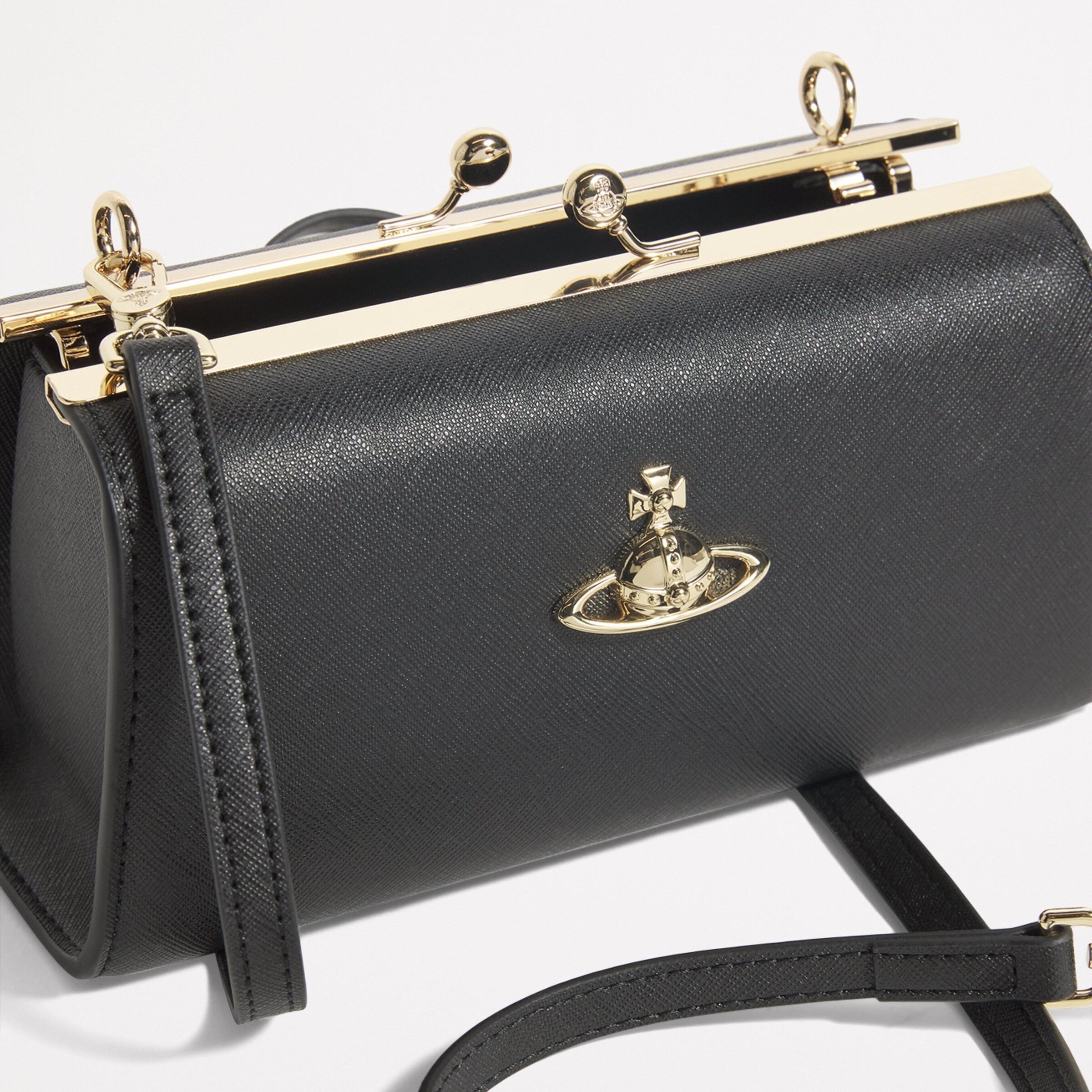 Leather Black Kiss Lock Top Handle Crossbody Handbag Gold Orb