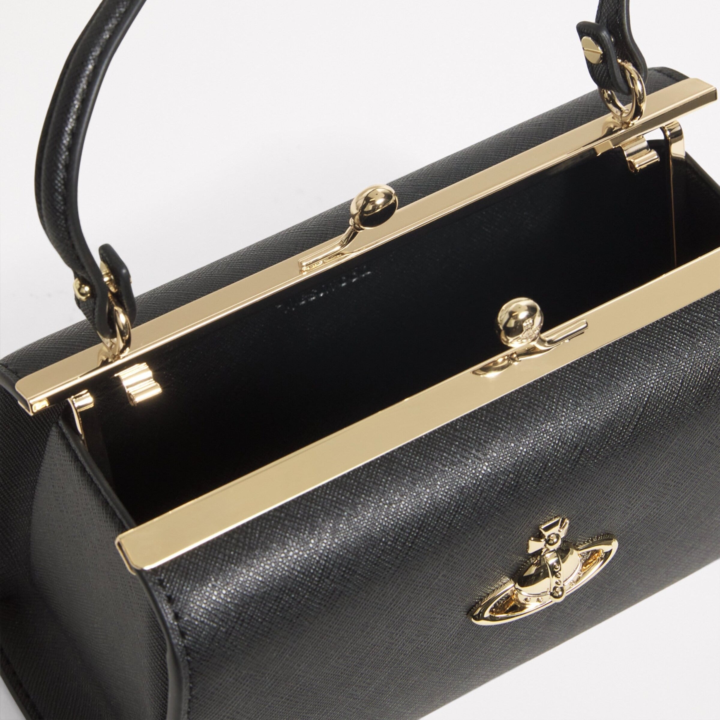 Leather Black Kiss Lock Top Handle Crossbody Handbag Gold Orb