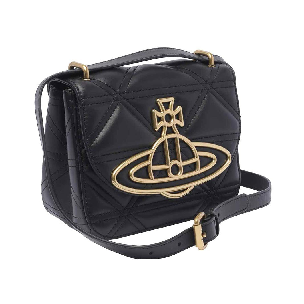 Black Quilted Leather Crossbody Shoulder Bag Gold Orb