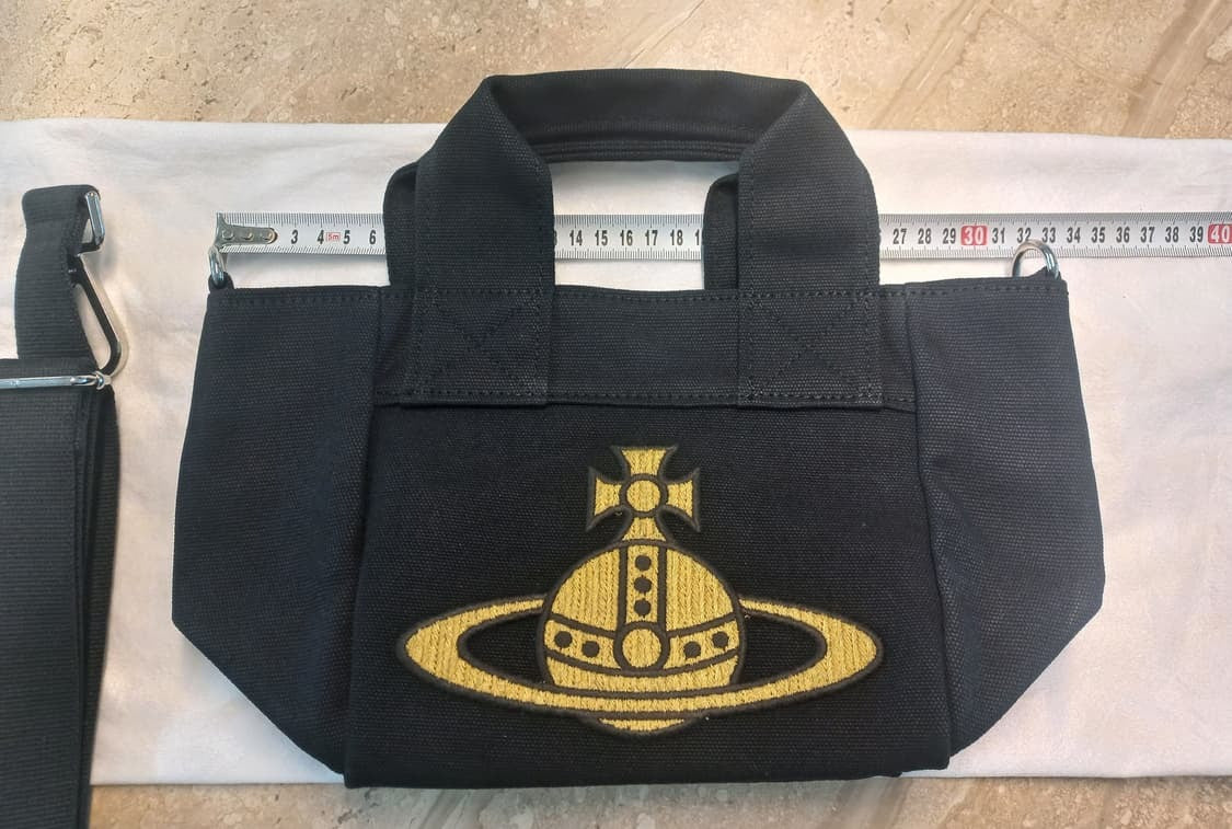 Black Canvas Mini Tote Bag Beige Embroidered Orb Logo Handbag