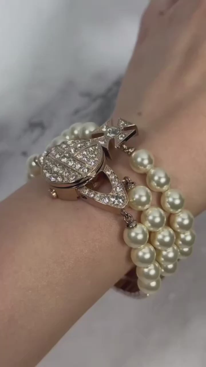 Beaded Pearl Strand Triple Layer Gem Orb Silver Watch