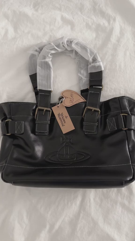 Black and Gold Orb Engraved Design Leather Messenger Tote Hand Bag