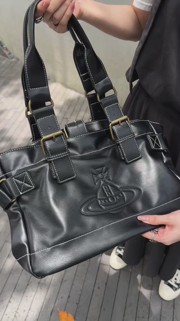 Black and Gold Orb Engraved Design Leather Messenger Tote Hand Bag
