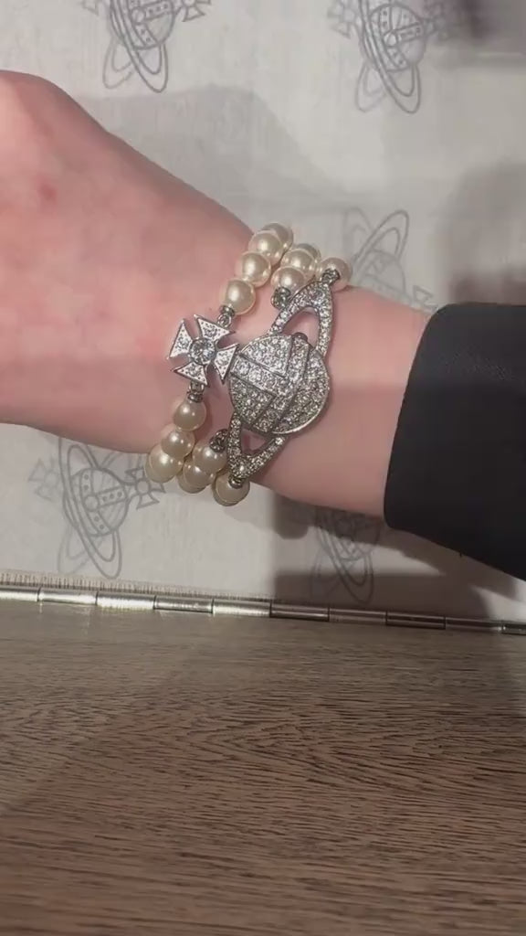 Beaded Pearl Strand Triple Layer Gem Orb Silver Watch